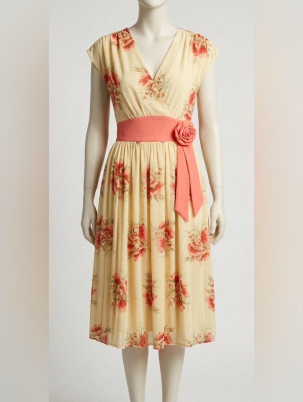 Last Chance Vintage Inspred Floral Midi Dress with Coral Waist (Sz6)  Event